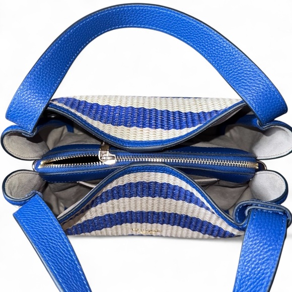 Kate Spade Knott Blue Striped Medium Straw with Leather Trim Crossbody Tote - Picture 13 of 13